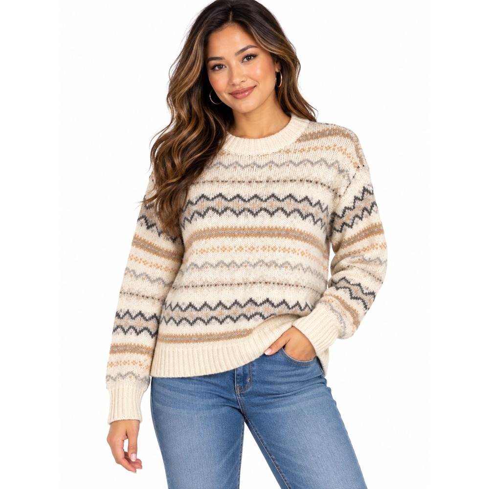 American Eagle Womens Small Fair Isle Crewneck Sweater Cream Tan Geometric Knit